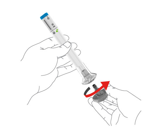 Visual of how to twist and uncap an Omvoh subcutaneous injection pen