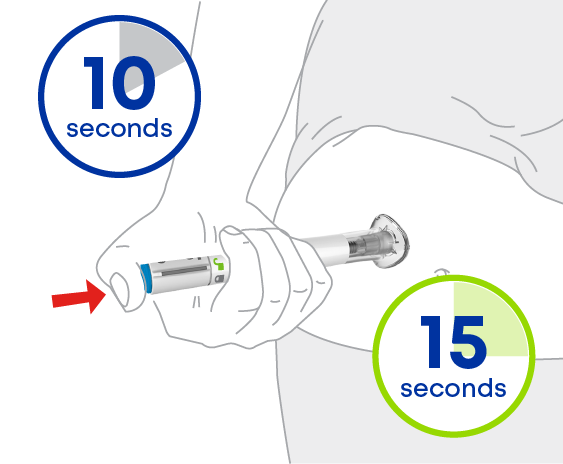 Press and hold the blue injection button. For ulcerative colitis, hold for up to 10 seconds. For Crohn's disease, hold for up to 15 seconds