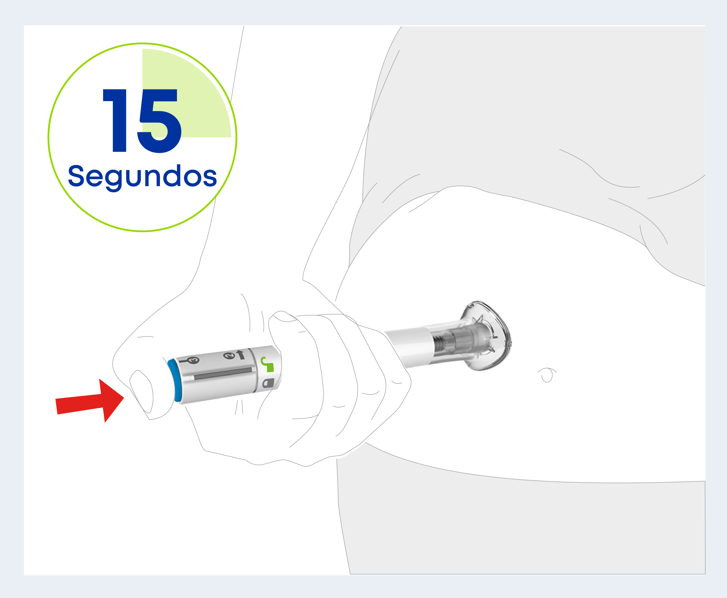 Presionar y mantener presionado el botón azul del inyector. Para la colitis ulcerosa, mantener presionado por hasta 10 segundos. Para la enfermedad de Crohn, mantener presionado por hasta 15 segundos.
