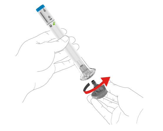 Visual of how to twist and uncap an Omvoh subcutaneous injection pen
