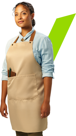 Hypothetical female Omvoh patient holding a serving tray and standing in front of a green line