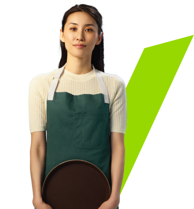 Hypothetical female Omvoh patient holding a serving tray and standing in front of a green line