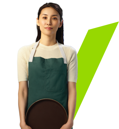 Hypothetical female Omvoh patient holding a serving tray and standing in front of a green line